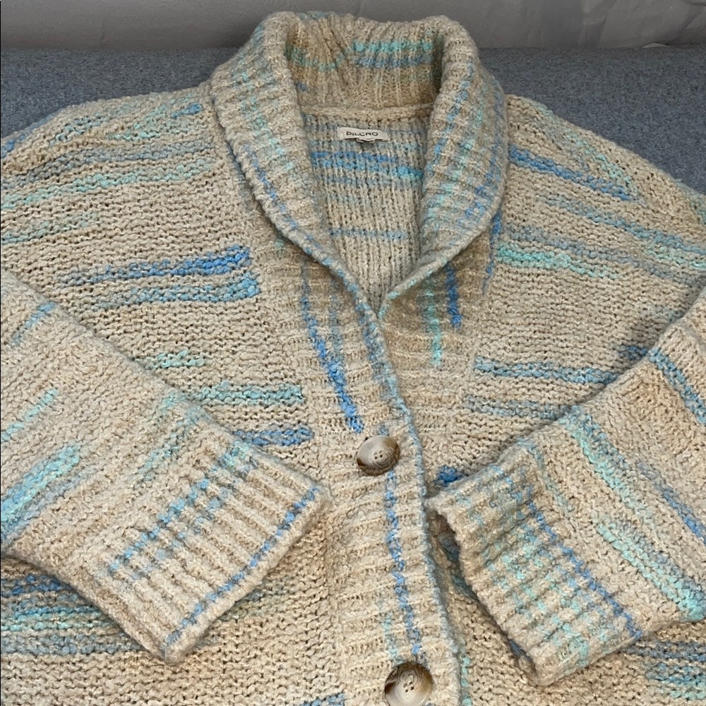 Pilcro Oversized Cardigan Sweater 1X Wool Blend Chunky Boxy Ivory Blue Grandma - Picture 10 of 12